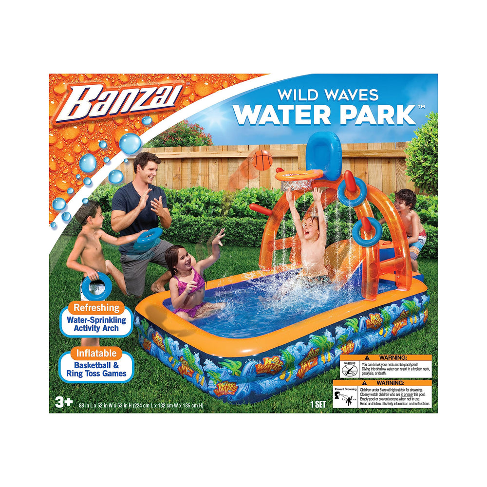 BANZAI Wild Waves arch with basketball hoop for backyard fun.