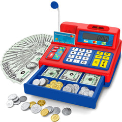 BAODLON calculator cash register with open drawer and lights for interactive pretend shopping.