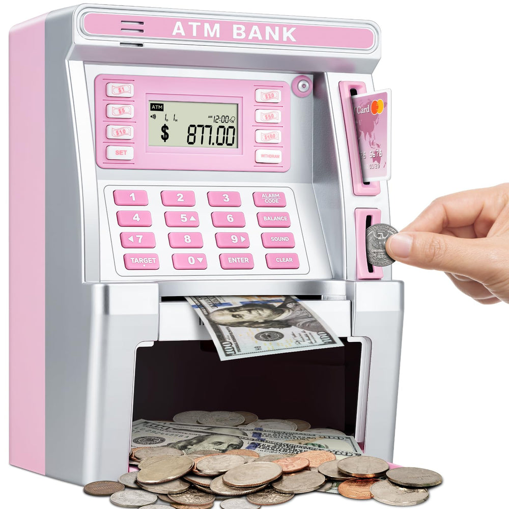 BAODLON pink piggy bank with debit card demonstrates real-money deposits for kids.