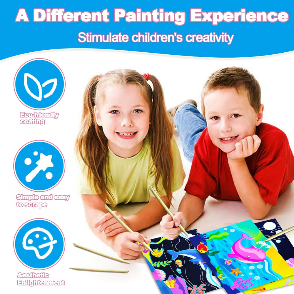 BAOXUE scratch art reveals colors from black paper for engaging creativity.