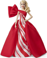 Barbie 2019 Holiday Doll in red-white gown ready for display