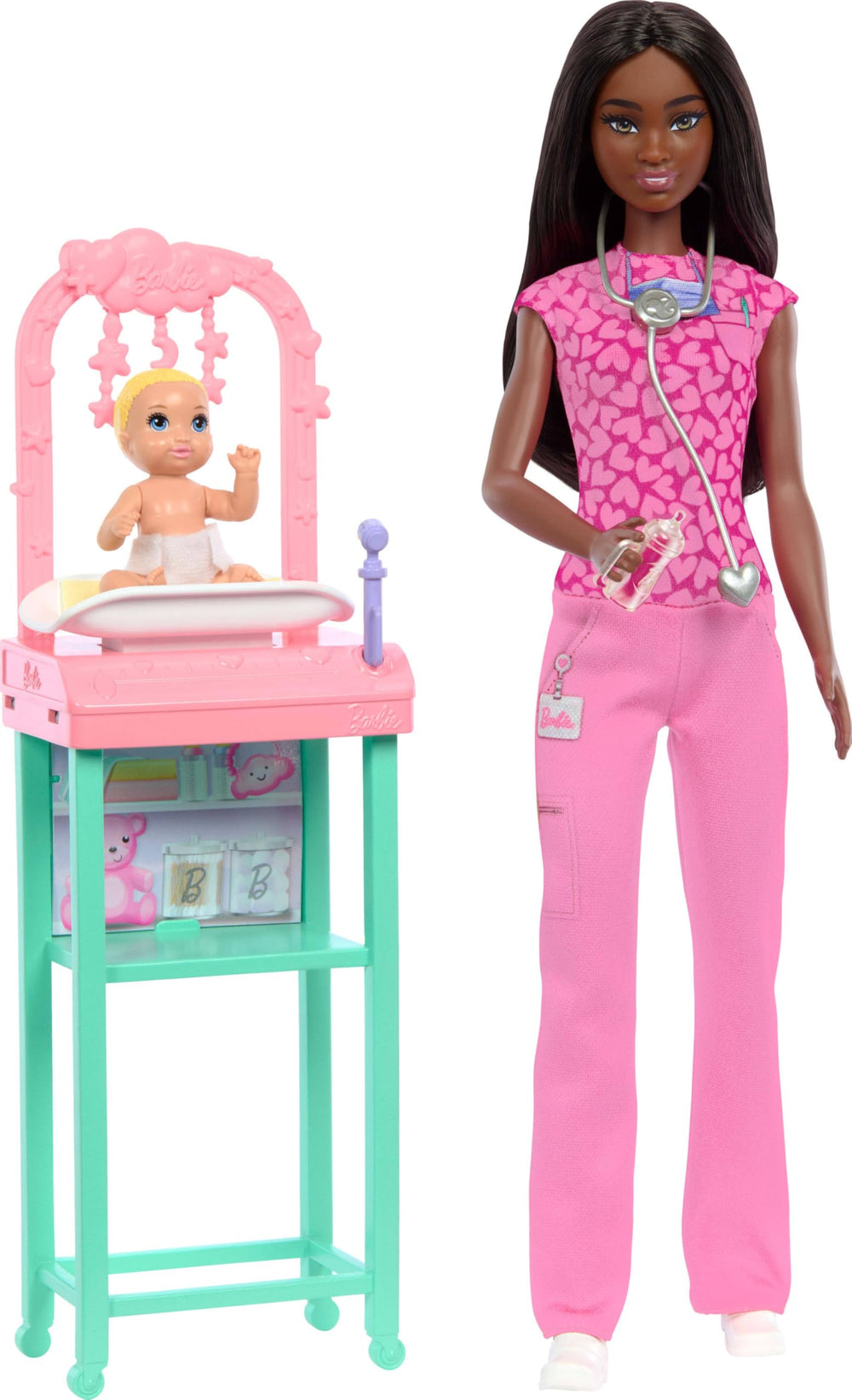 Barbie Baby Doctor Playset with brunette Barbie in pink scrubs and stethoscope for imaginative caregiving.