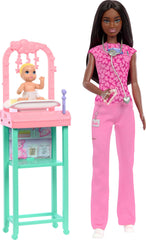 Barbie Baby Doctor Playset with brunette Barbie in pink scrubs and stethoscope for imaginative caregiving.