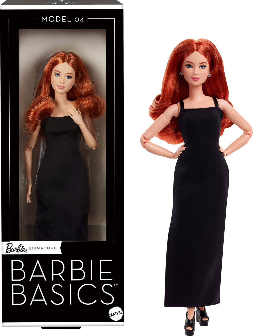 Barbie Basics Model 04 with red curls in a chic dress, ready for display and storytelling