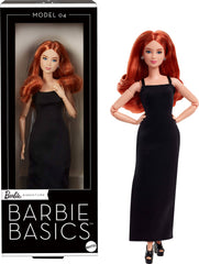 Barbie Basics Model 04 with red curls in a chic dress, ready for display and storytelling