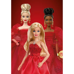 Barbie with blonde hair in a side-part style for classic look.