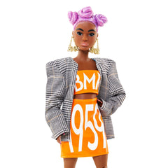 Barbie BMR1959 doll in patent leather-look sneakers for urban flair.