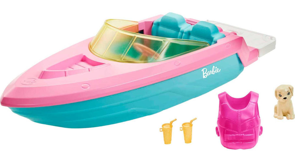 Barbie boat with puppy on pink-blue design, great for imaginative water play.