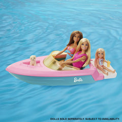 Barbie boat bow shows puppy seat inviting a furry friend aboard.