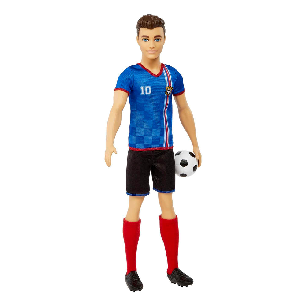 Ken soccer doll wearing cleats and tall red socks ready for action