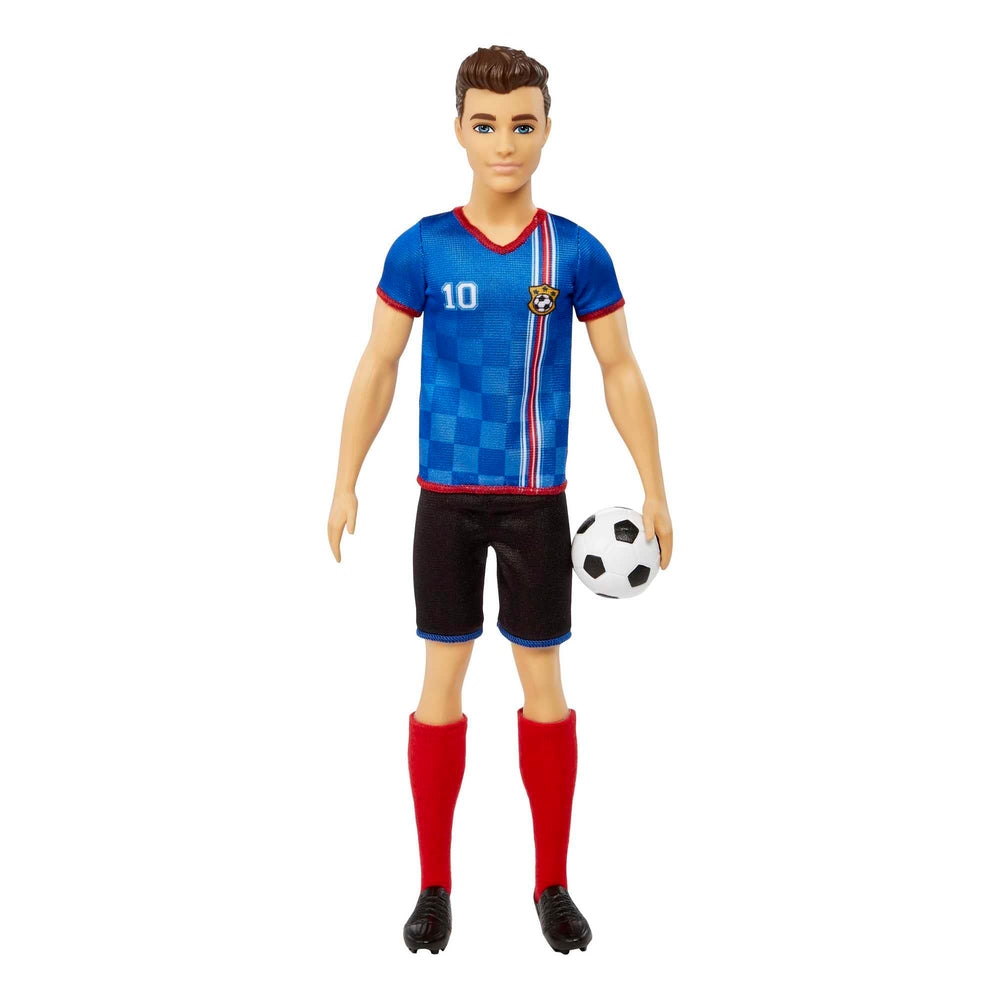 Barbie Ken soccer doll front view in blue uniform for imaginative play