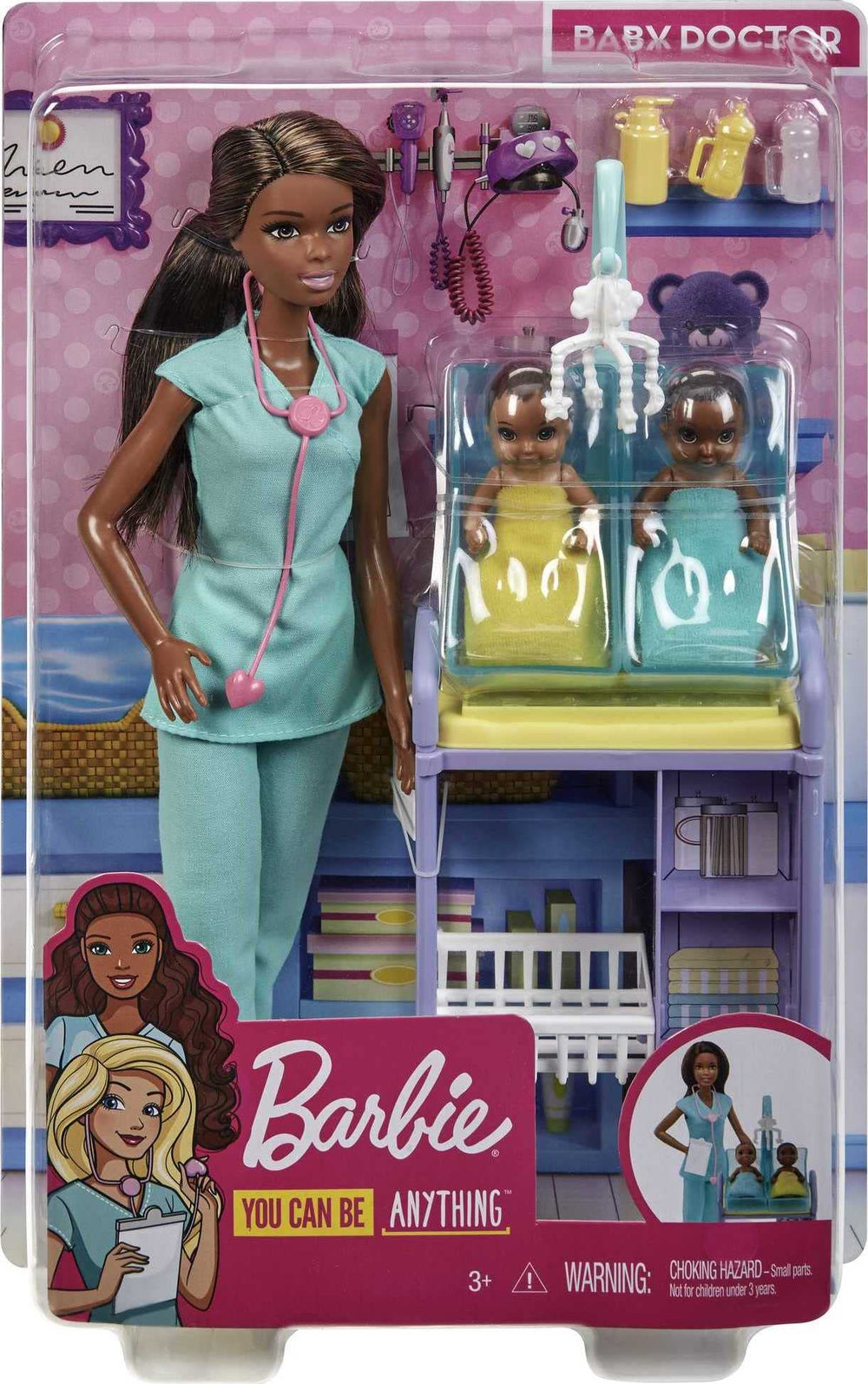 Barbie Careers Playset brunette Barbie in green scrubs ready for caring play.