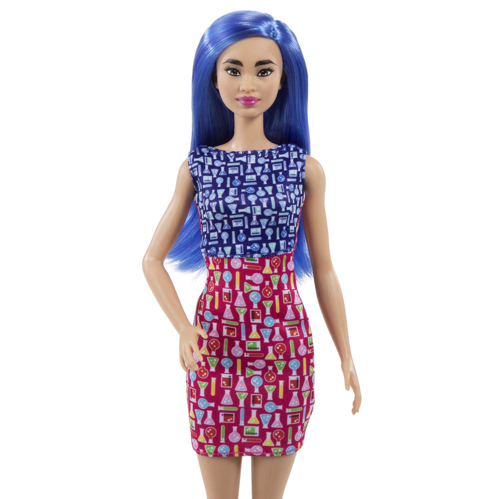 Barbie Careers Scientist doll in blue flats showcases accessible STEM-inspired fashion.