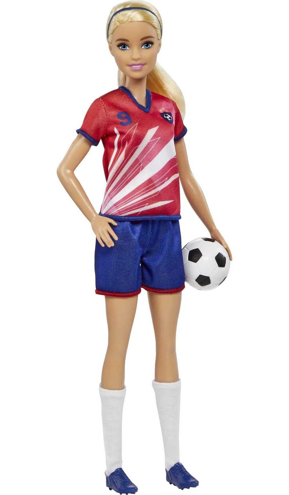 Barbie soccer doll with cleats and ball enabling action-packed play.