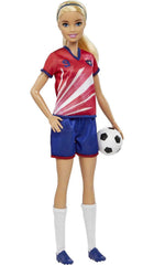 Barbie soccer doll with cleats and ball enabling action-packed play.