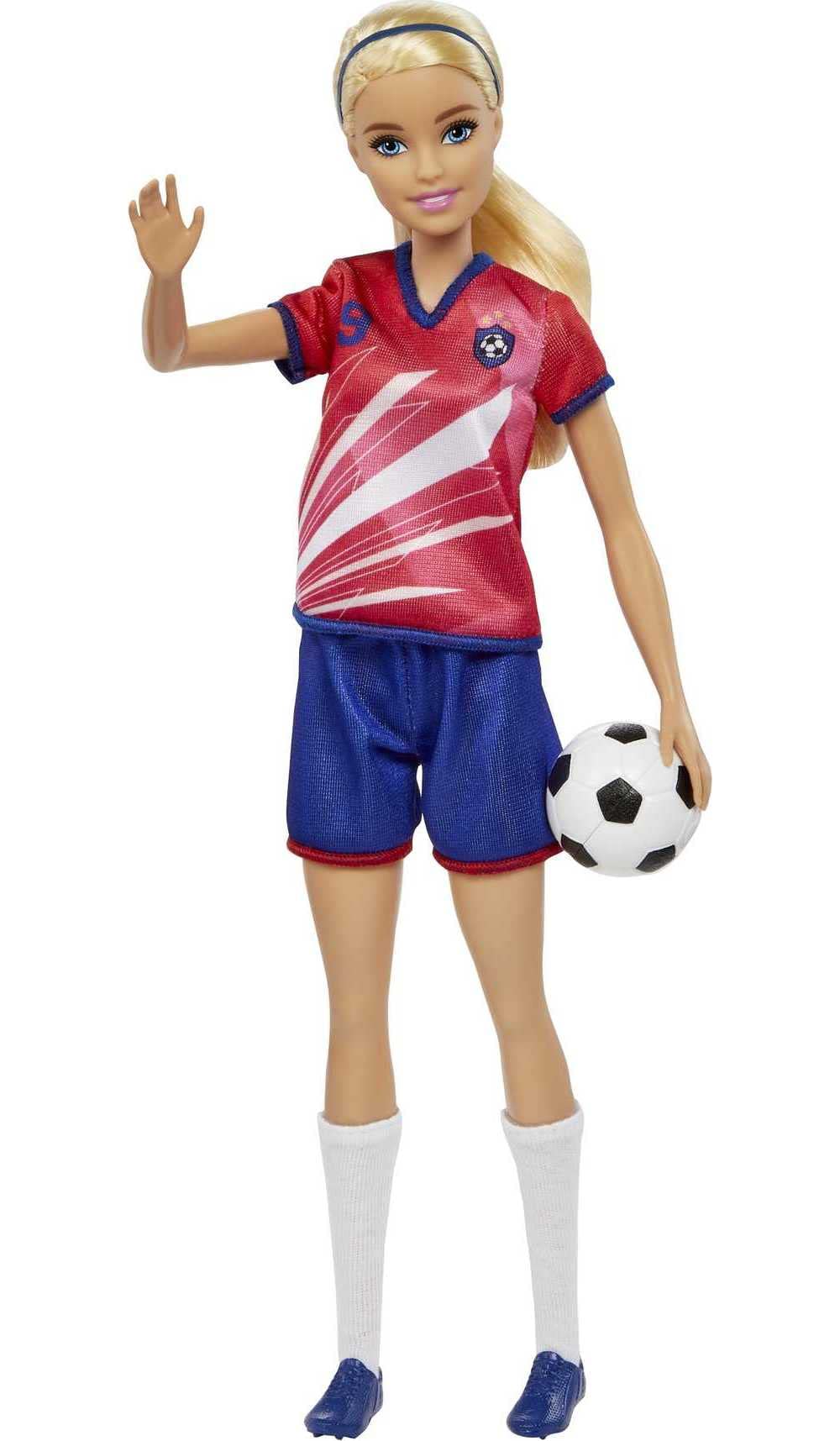 Barbie soccer doll with tall white socks suited for sport-themed dressing.