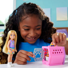 Barbie Chelsea blonde doll with removable skirt for dress-up storytelling.
