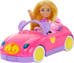 Barbie Chelsea and teddy bear ride in the colorful convertible, ready for imaginative road trips.