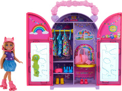 Barbie Chelsea closet open with three play areas for imaginative dressing.