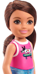 Barbie Chelsea doll wears removable sparkly polka-dot skirt for dress-up fun.