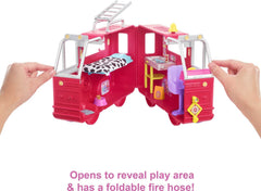 Fire truck with foldable hose ready for pretend firefighting scenarios with Chelsea
