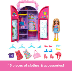 Barbie Chelsea outfit collection with 15 pieces for mix-and-match fashion.