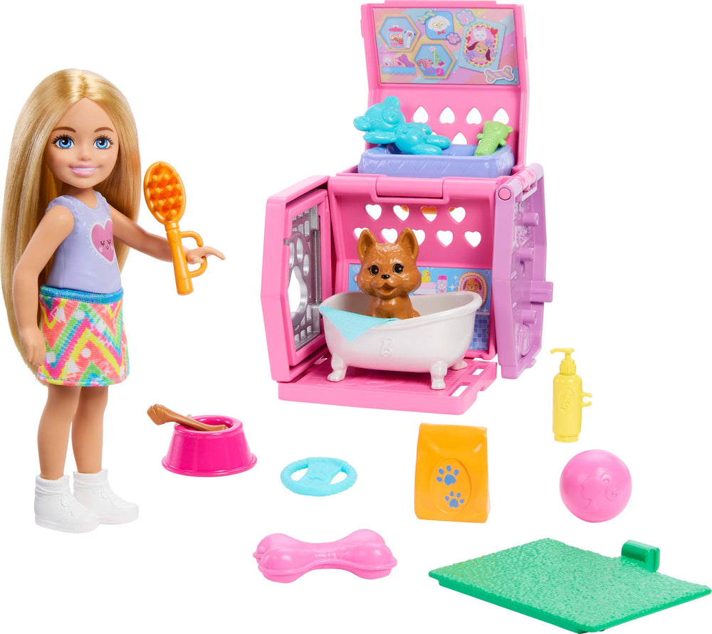 Barbie Chelsea puppy carrier unfolded with four play zones for imaginative pet care.