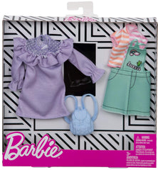 Barbie pastel purple dress with ruffles and dots, ideal for imaginative play.