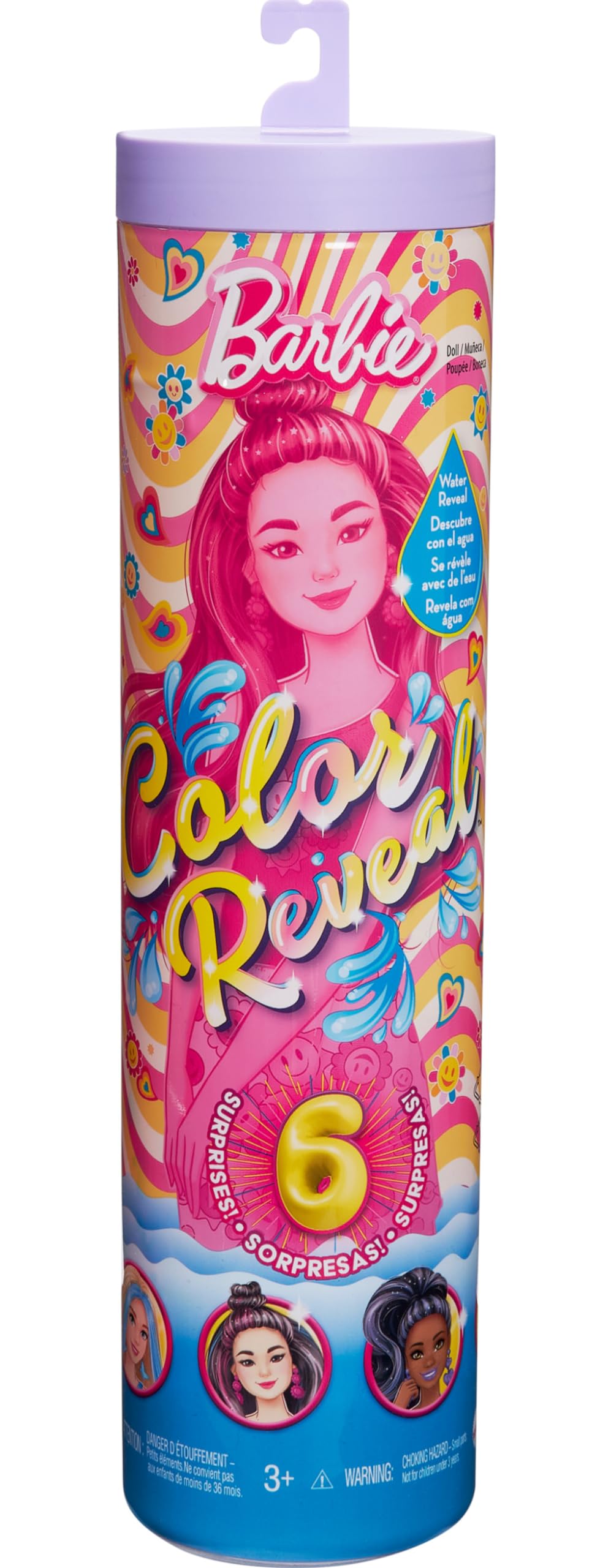 Barbie Color Reveal packaging tube stores dolls and outfits for neat storage.