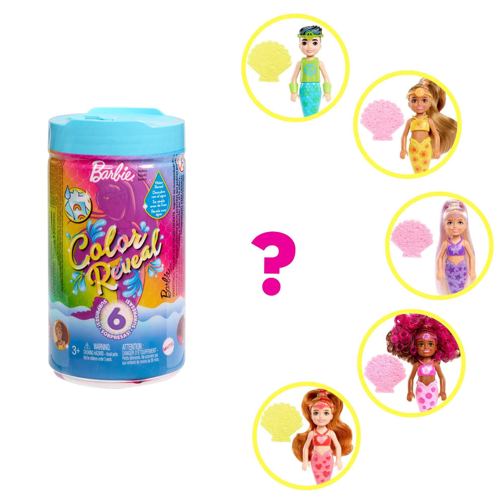 Barbie Color Reveal Rainbow Mermaid Chelsea accessories pack includes crown, cuffs, and sponge for dress-up.