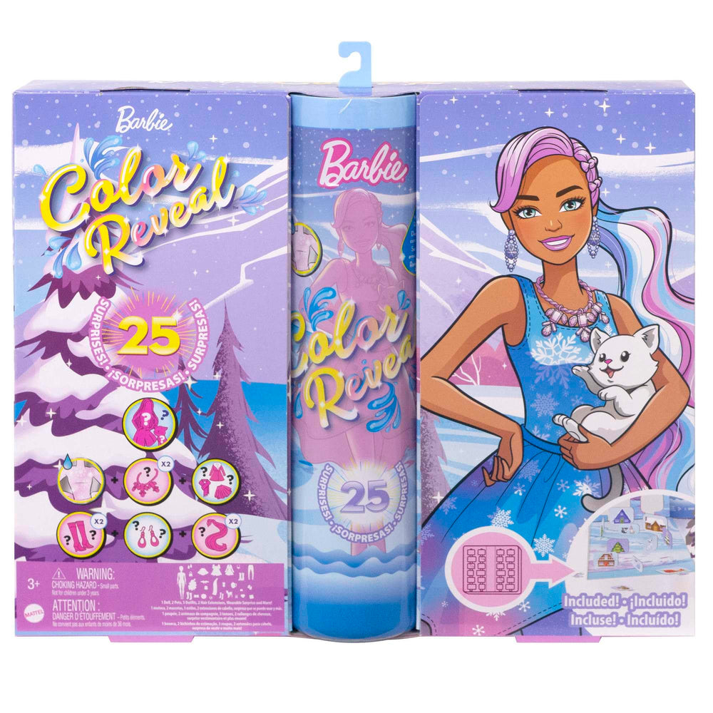 Barbie Color Reveal Advent Calendar packaging doubles as a wintry play backdrop