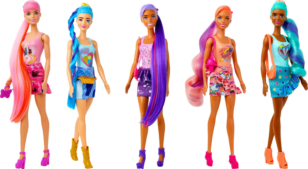 Barbie Color Reveal Denim Series varies in color and decoration for unique display.