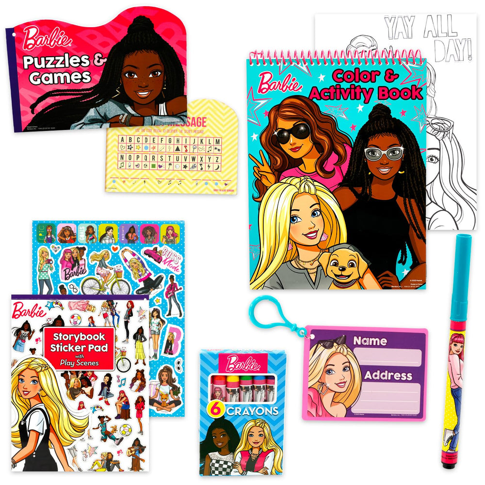 Close-up of Barbie coloring books and crayons for imaginative drawing sessions