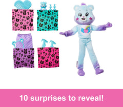 Barbie Cutie Reveal doll with brown hair and purple-blue streaks for styling play