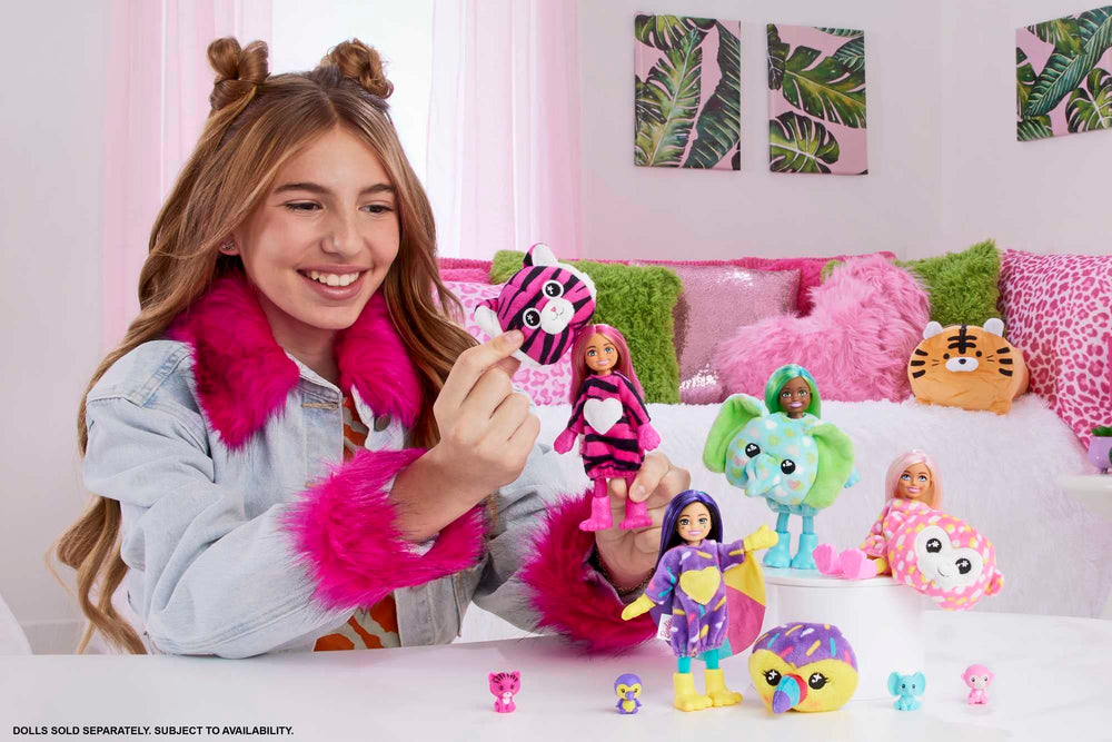 Barbie Cutie Reveal Chelsea tiger cub in plush outfit for jungle adventures