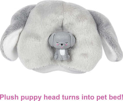 Barbie Cutie Reveal costume head doubles as a bed for the puppy