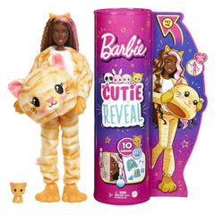 Barbie Cutie Reveal packaging opening with plush kitty, hinting at 10 surprises