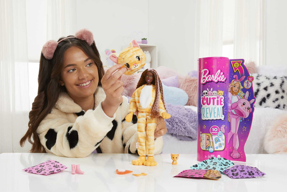 Barbie Cutie Reveal kitten plush with posable doll inside invites imaginative play