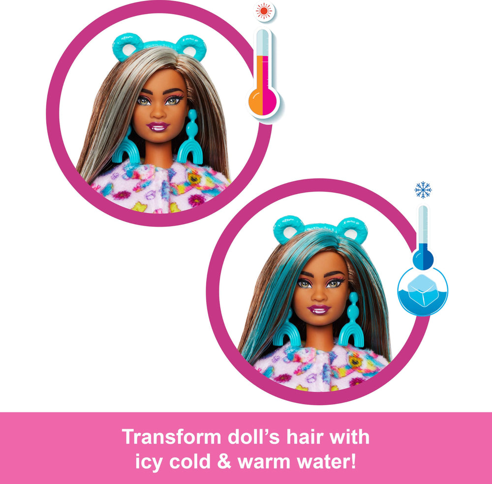 Barbie Cutie Reveal plush top reverses to fleece jacket, with a bed for the mini bear.