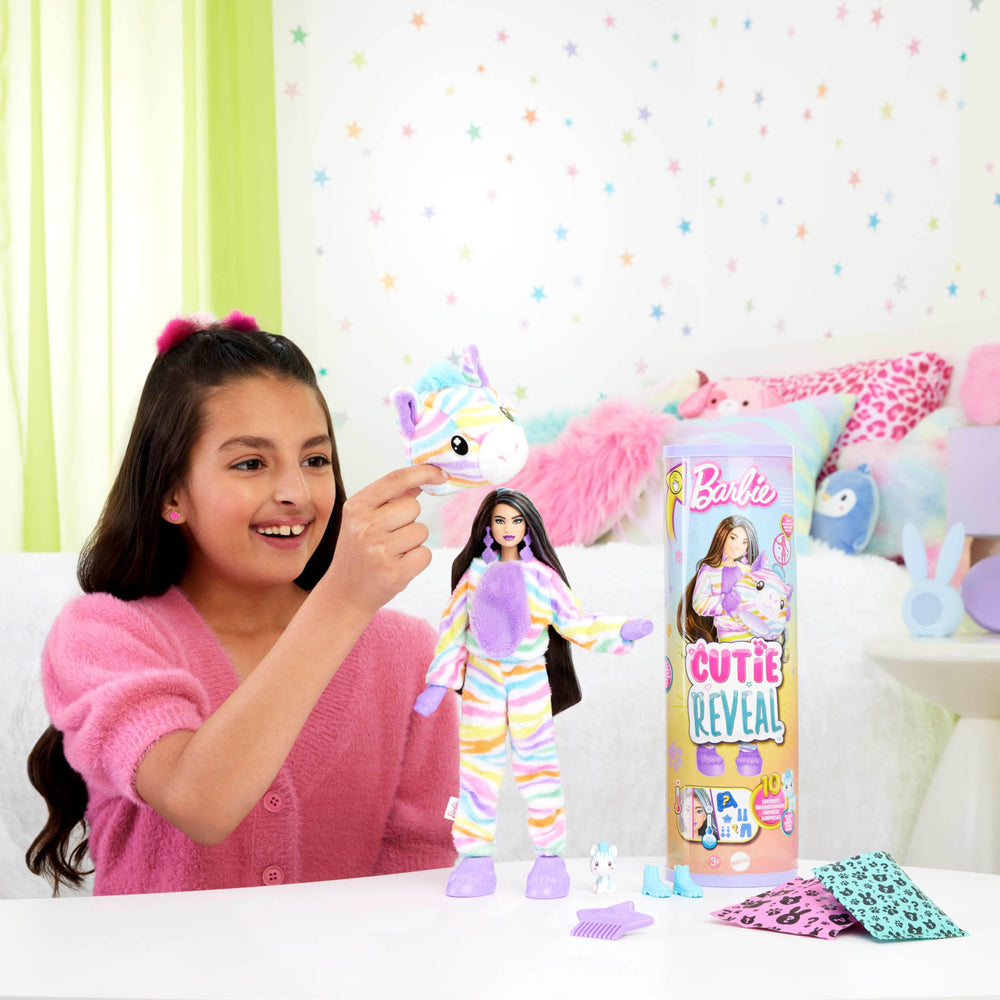 Barbie Cutie Reveal Rainbow Zebra doll showcases a colorful transformation.