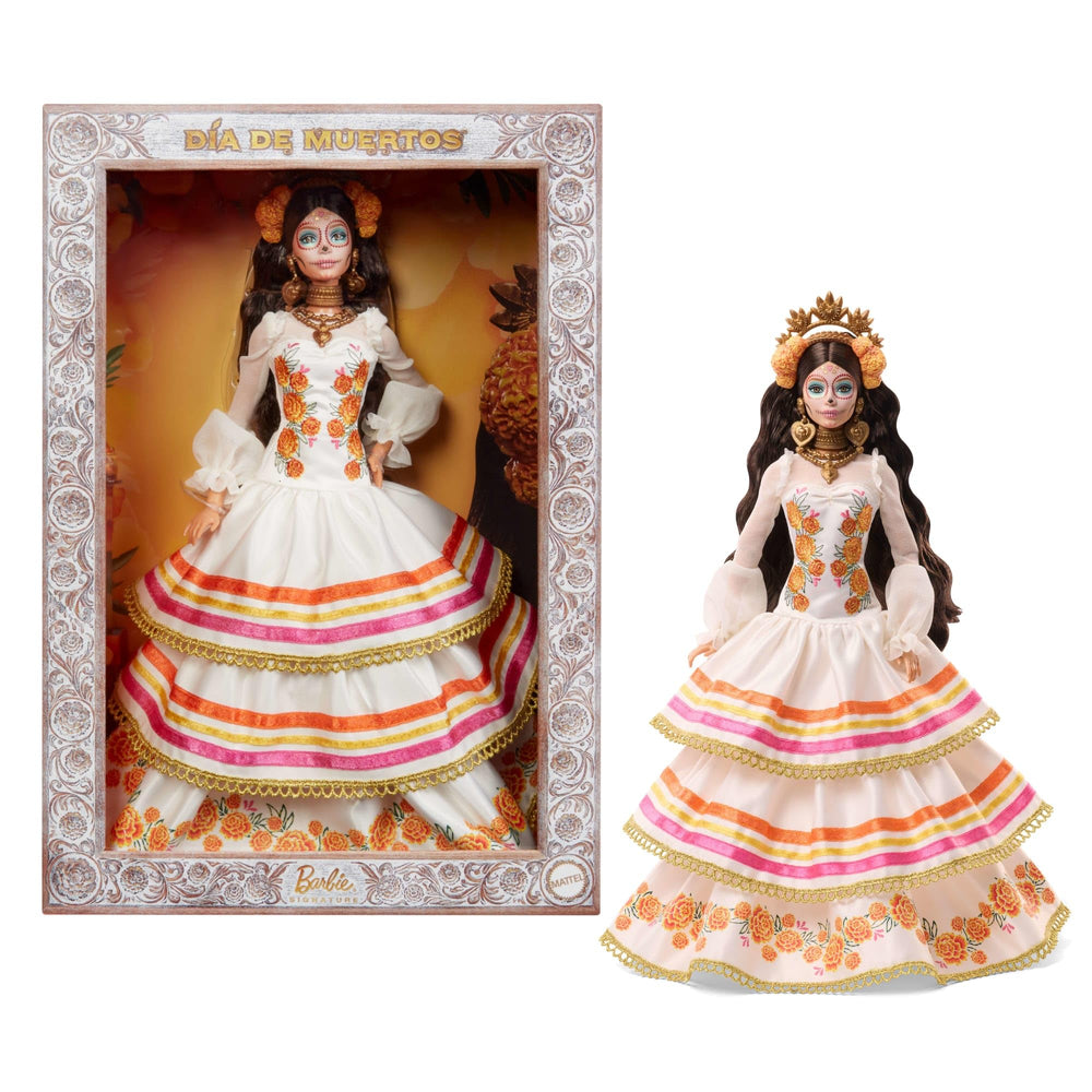 Barbie Day of the Dead 2025 doll in cream gown highlights marigold-inspired fashion for display.