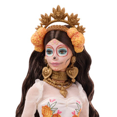 Barbie Day of the Dead 2025 doll packaging uses vibrant marigold colors to attract buyers.