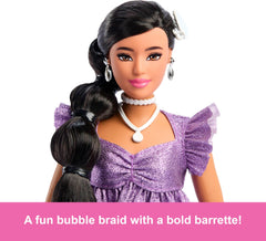 Barbie Deluxe Style Doll with black hair in a bubble braid for versatile styling.