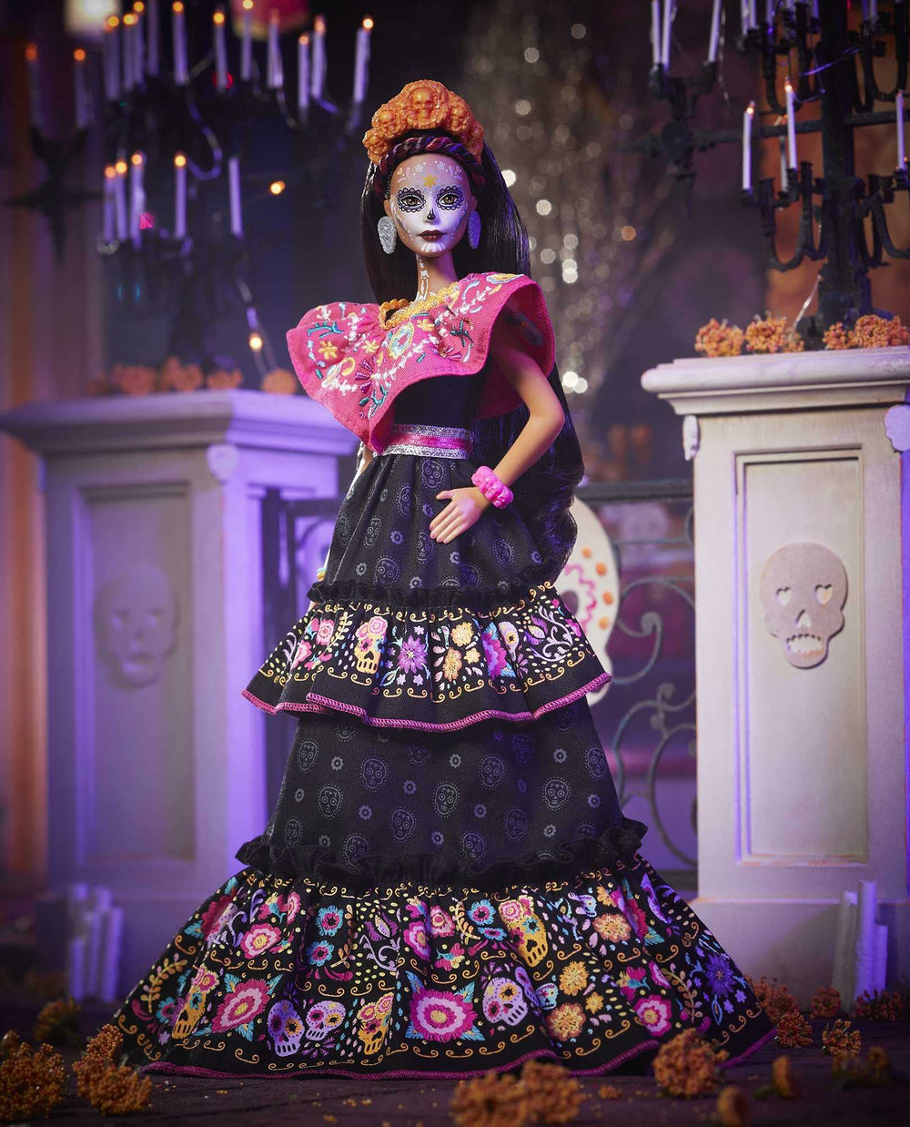 Barbie Dia De Muertos doll with sugar skull details suitable for holiday gifting.