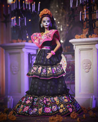 Barbie Dia De Muertos doll with sugar skull details suitable for holiday gifting.