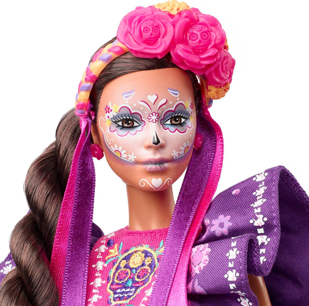 Barbie Día De Muertos dress details in royal purple, a striking collectible look.