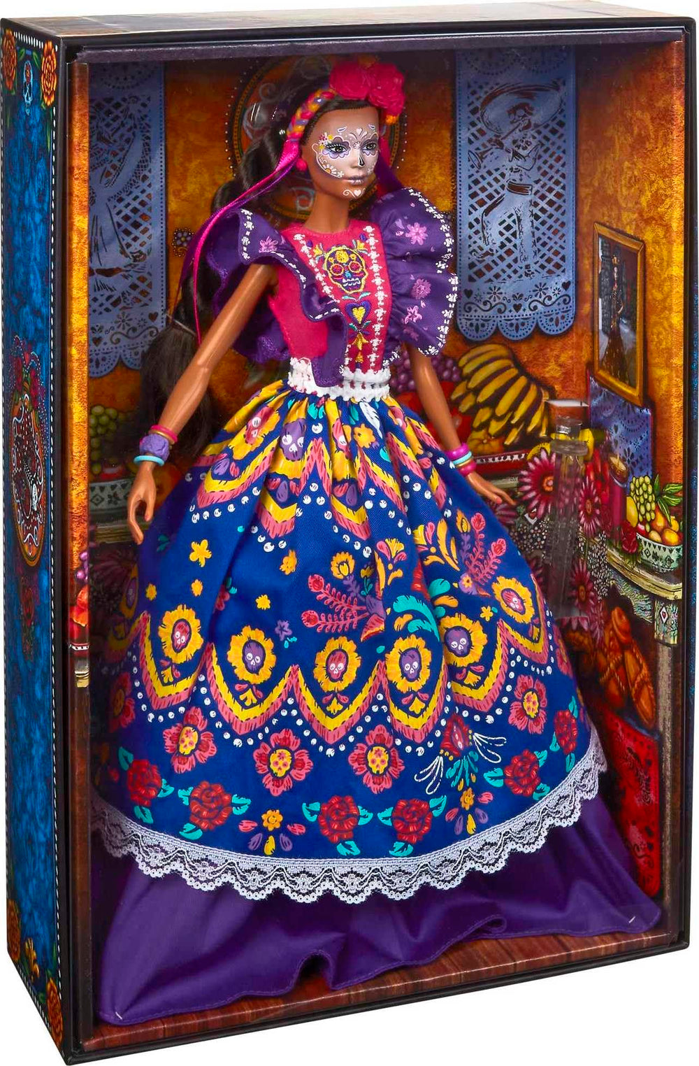 Barbie Día De Muertos vibrant flower crown with ribbons, eye-catching on shelves.