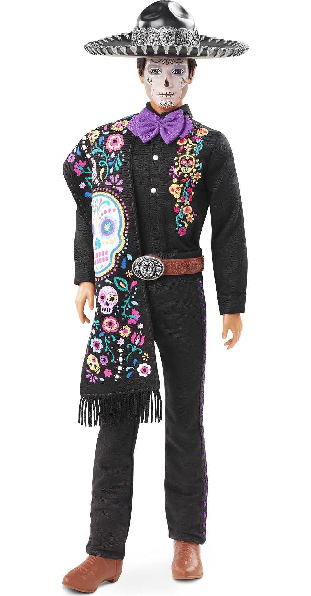 Barbie Dia De Muertos Ken doll wearing embroidered shirt for collectors' display.