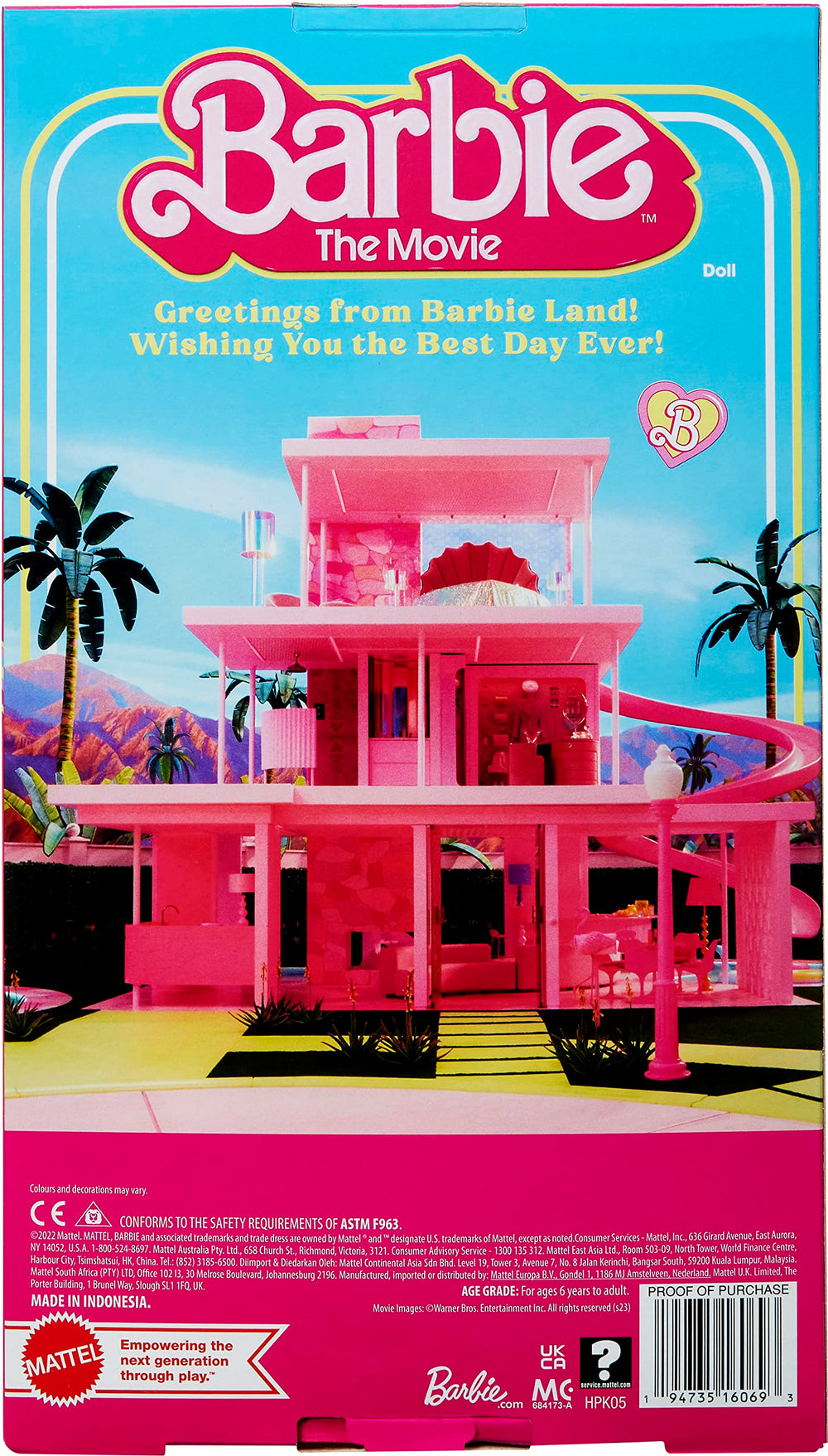 Barbie The Movie display-ready figure with included stand for upright posing.