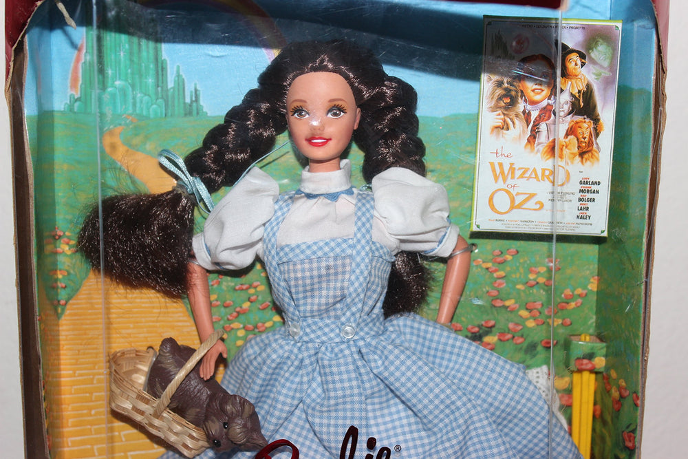 Barbie Dorothy outfit details, gingham dress and ribbon accents for timeless display